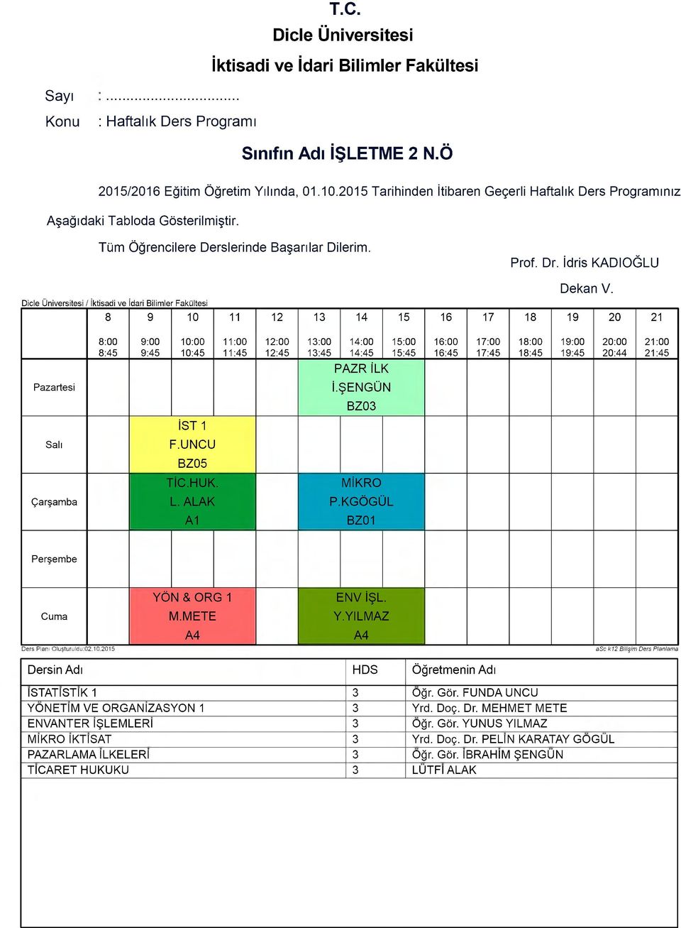 MİKRO L. ALAK P.KGÖGÜL A1 BZ01 YÖN & ORG 1 ENV İŞL. İSTATİSTİK 1 3 Oğr. Gör.