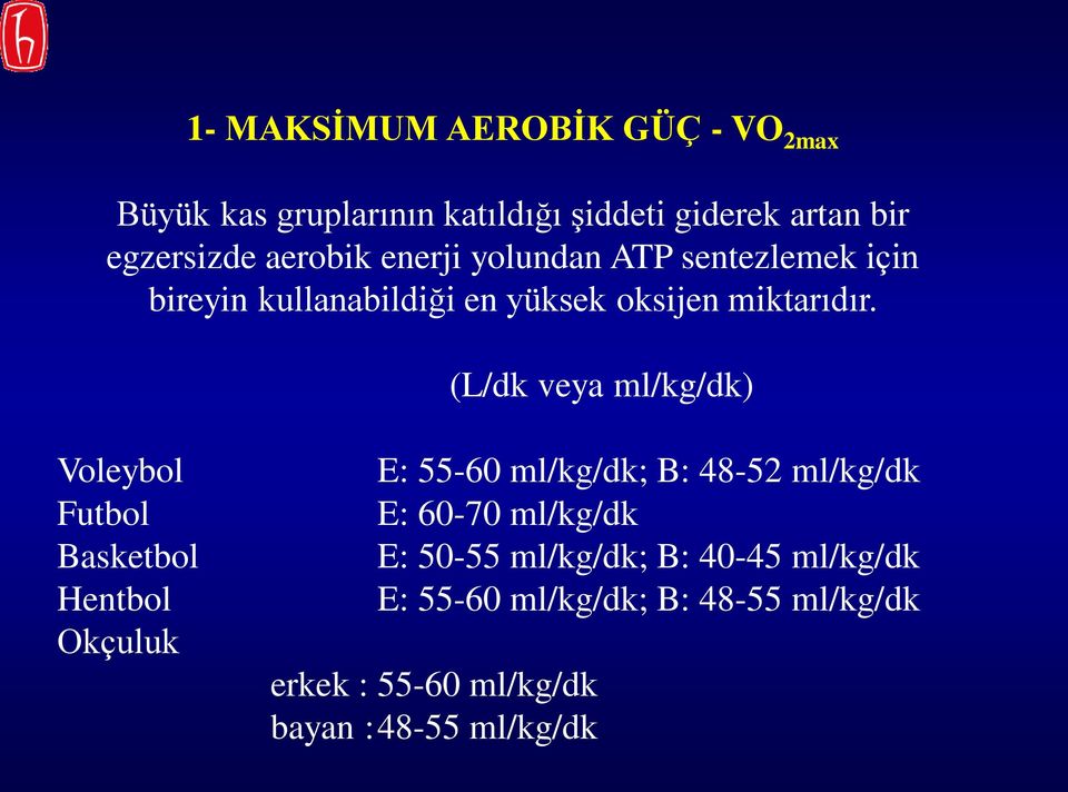 (L/dk veya ml/kg/dk) Voleybol Futbol Basketbol Hentbol Okçuluk E: 55-60 ml/kg/dk; B: 48-52 ml/kg/dk E: 60-70