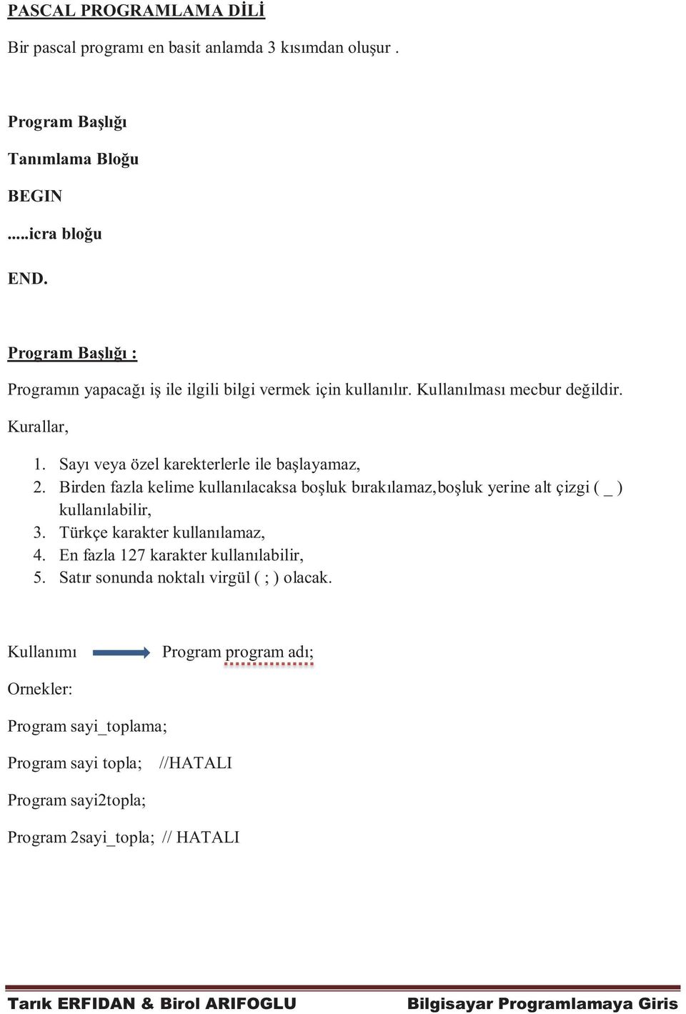 Sayı veya özel karekterlerle ile başlayamaz, 2. Birden fazla kelime kullanılacaksa boşluk bırakılamaz,boşluk yerine alt çizgi ( _ ) kullanılabilir, 3.