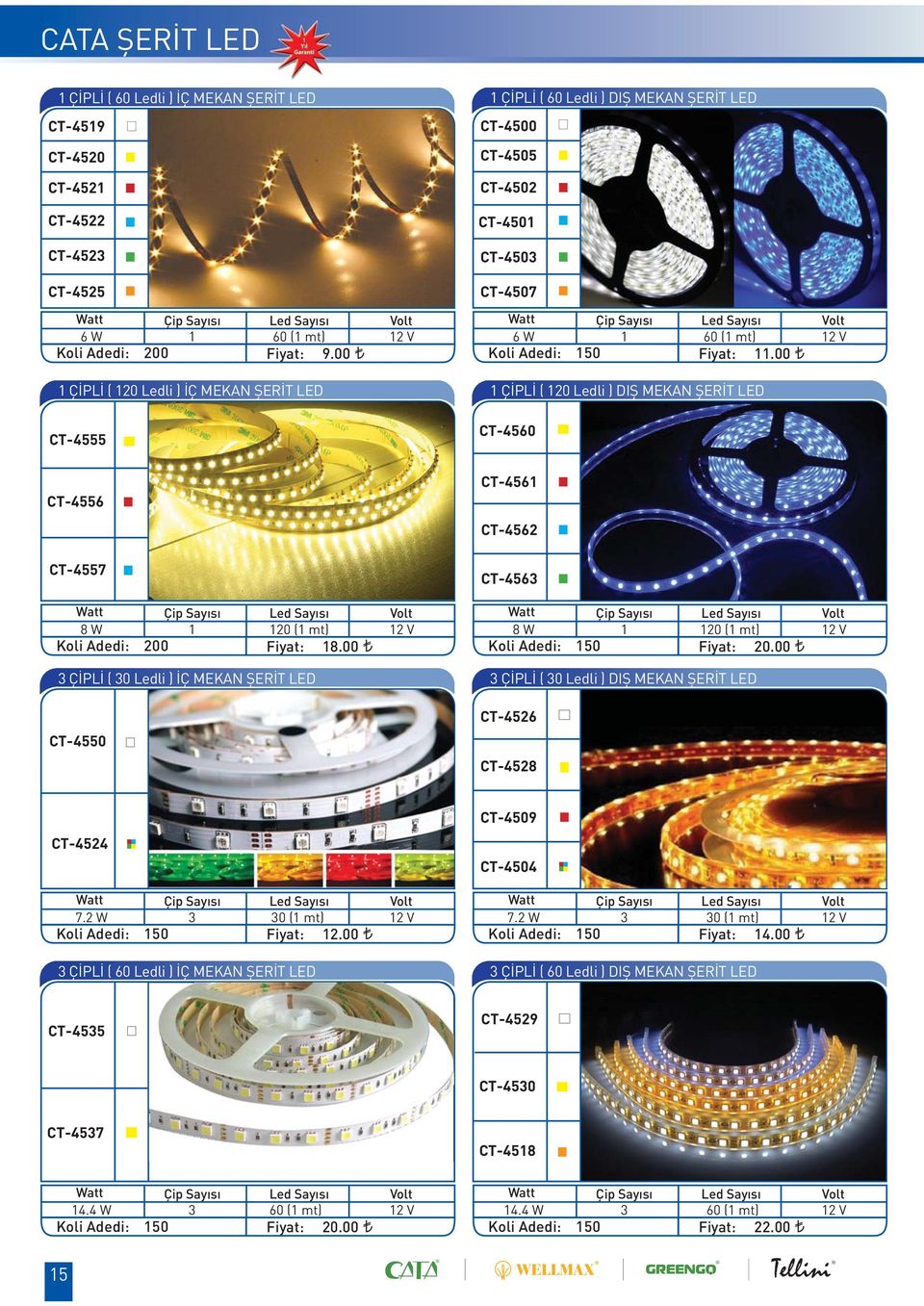 11.00 1 ÇİPLİ ( 120 Ledli ) DIŞ MEKAN ŞERİT LED CT-4560 CT-4556 CT-4557 Çip Sayısı Led Sayısı 8 W 1 120 (1 mt) 12 V 0 18.