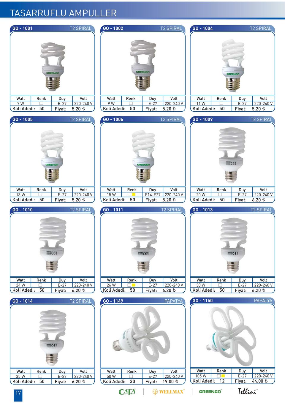 20 20 W E-27 220-240 V Koli Adedi: 50 6.20 GO - 1010 T2 SPIRAL GO - 1011 T2 SPIRAL GO - 1013 T2 SPIRAL 24 W Koli Adedi: 50 Duy E-27 220-240 V 6.20 26 W Koli Adedi: 50 Duy E-27 220-240 V 6.