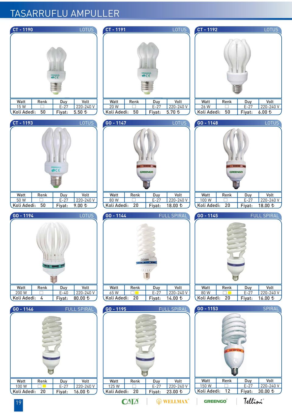 00 100 W E-27 220-240 V 18.00 GO - 1194 LOTUS GO - 1144 FULL SPIRAL GO - 1145 FULL SPIRAL 200 W Koli Adedi: 4 Duy E-40 220-240 V 80.00 65 W Duy E-27 220-240 V 14.