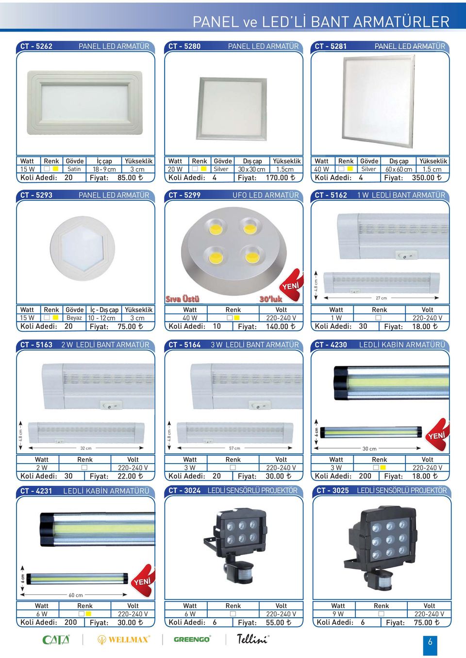 00 CT - 5293 PANEL LED ARMATÜR CT - 5299 UFO LED ARMATÜR CT - 5162 1 W LEDLİ BANT ARMATÜR 4.8 cm 27 cm Gövde İç - Dış çap Yükseklik 15 W Beyaz 10-12 cm 3 cm 75.00 40 W 220-240 V Koli Adedi: 10 140.