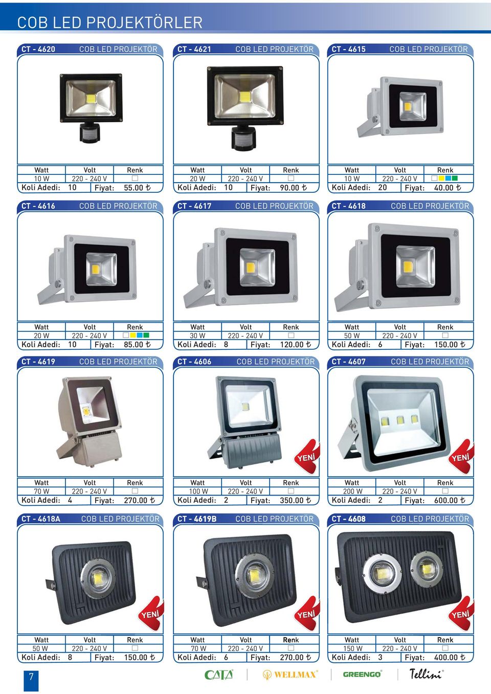 00 CT - 4619 COB LED PROJEKTÖR CT - 4606 COB LED PROJEKTÖR CT - 4607 COB LED PROJEKTÖR 70 W 220-240 V Koli Adedi: 4 270.00 100 W 220-240 V Koli Adedi: 2 350.00 200 W 220-240 V Koli Adedi: 2 600.