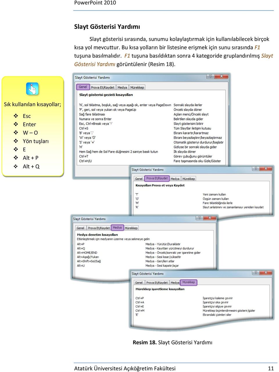 F1 tuşuna basıldıktan sonra 4 kategoride gruplandırılmış Slayt Gösterisi Yardımı görüntülenir (Resim 18).