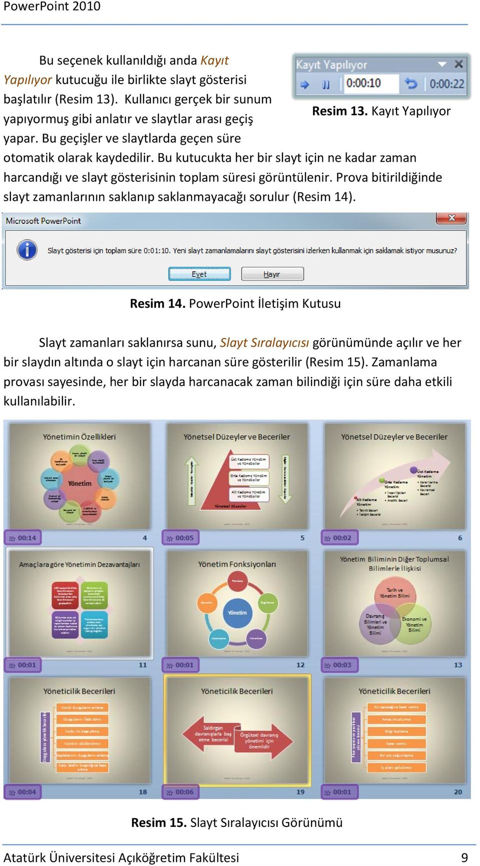 Bu kutucukta her bir slayt için ne kadar zaman harcandığı ve slayt gösterisinin toplam süresi görüntülenir. Prova bitirildiğinde slayt zamanlarının saklanıp saklanmayacağı sorulur (Resim 14).