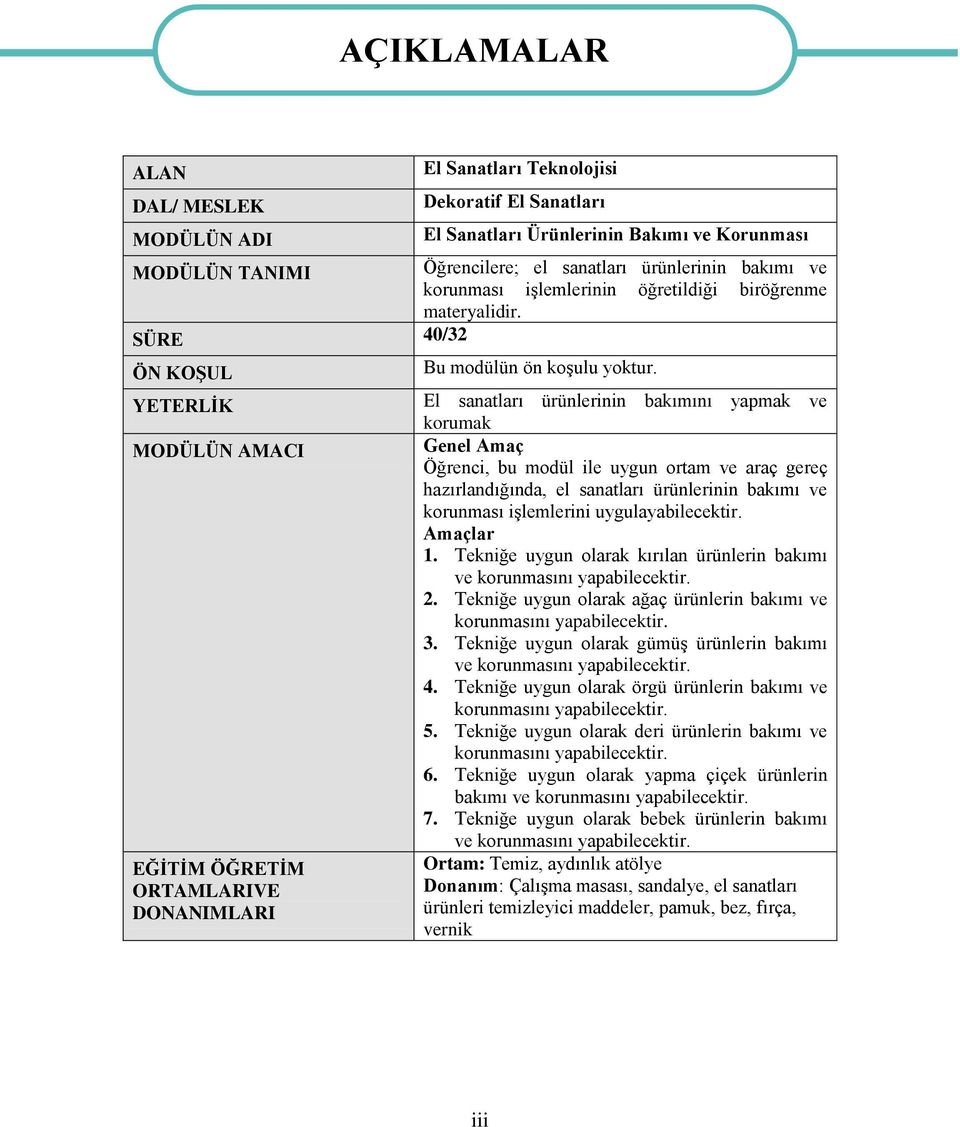 El sanatları ürünlerinin bakımını yapmak ve korumak Genel Amaç Öğrenci, bu modül ile uygun ortam ve araç gereç hazırlandığında, el sanatları ürünlerinin bakımı ve korunması iģlemlerini