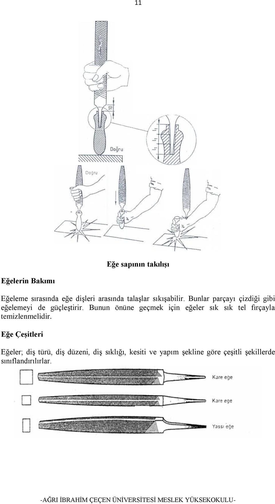 Bunun önüne geçmek için eğeler sık sık tel fırçayla temizlenmelidir.