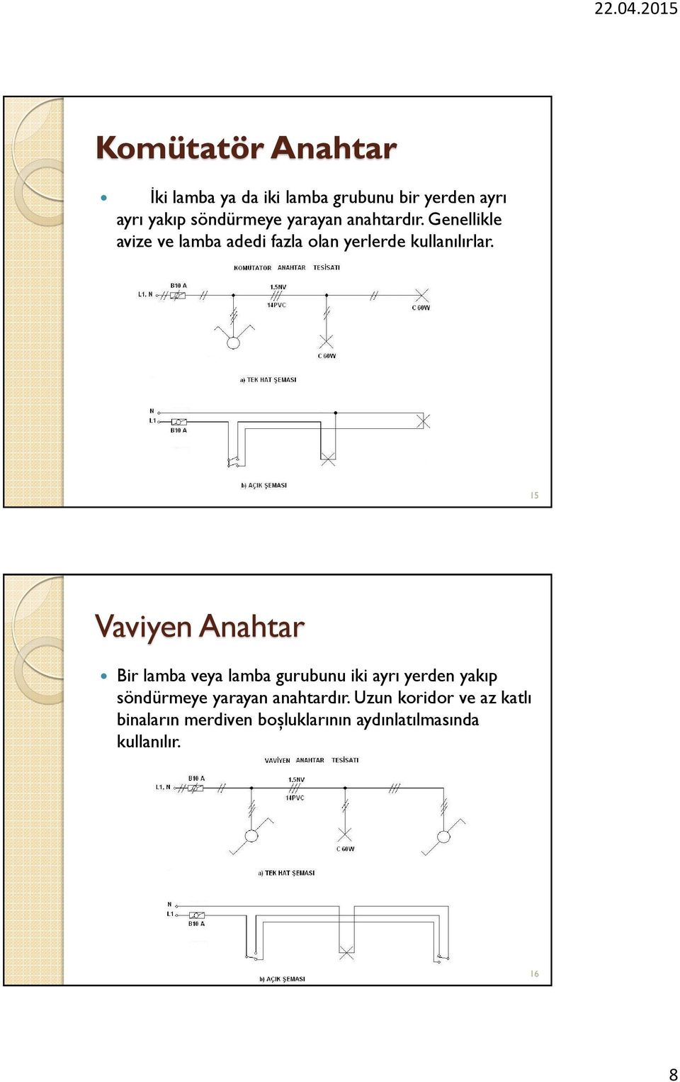 15 Vaviyen Anahtar Bir lamba veya lamba gurubunu iki ayrı yerden yakıp söndürmeye yarayan