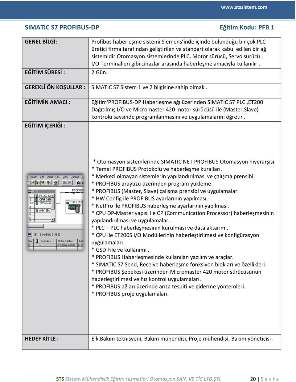 GEREKLİ ÖN KOŞULLAR : SIMATIC S7 Sistem 1 ve 2 bilgisine sahip olmak.