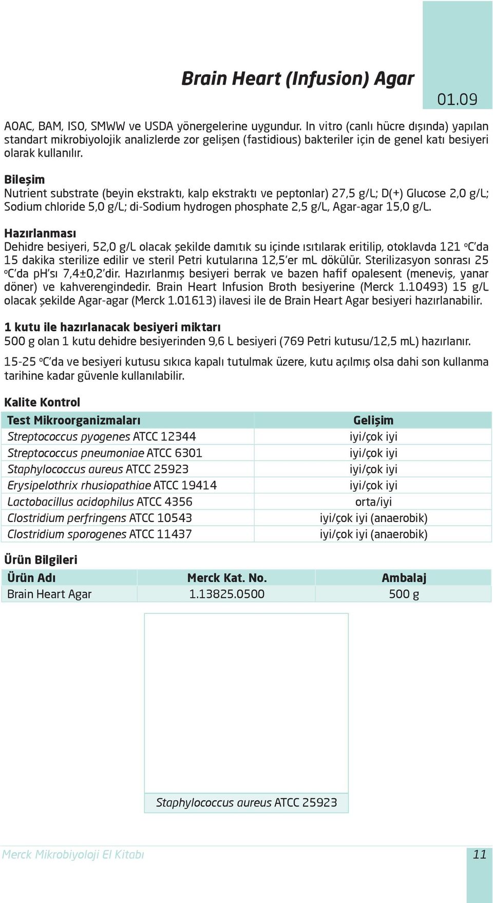 Nutrient substrate (beyin ekstraktı, kalp ekstraktı ve peptonlar) 27,5 g/l; D(+) Glucose 2,0 g/l; Sodium chloride 5,0 g/l; di-sodium hydrogen phosphate 2,5 g/l, Agar-agar 15,0 g/l.