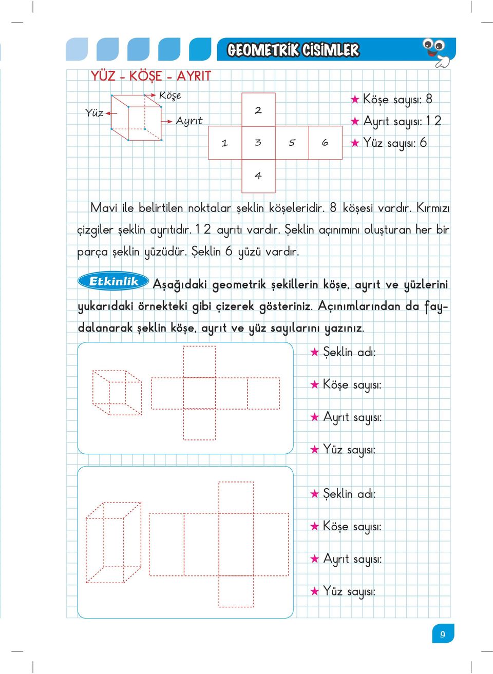 Şeklin 6 yüzü vardır. Etkinlik Aşağıdaki geometrik şekillerin köşe, ayrıt ve yüzlerini yukarıdaki örnekteki gibi çizerek gösteriniz.