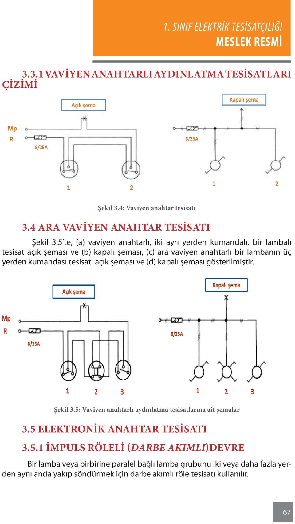 kumandası tesisatı açık şeması ve (d) kapalı şeması gösterilmiştir. Şekil 3.5: Vaviyen anahtarlı aydınlatma tesisatlarına ait şemalar 3.