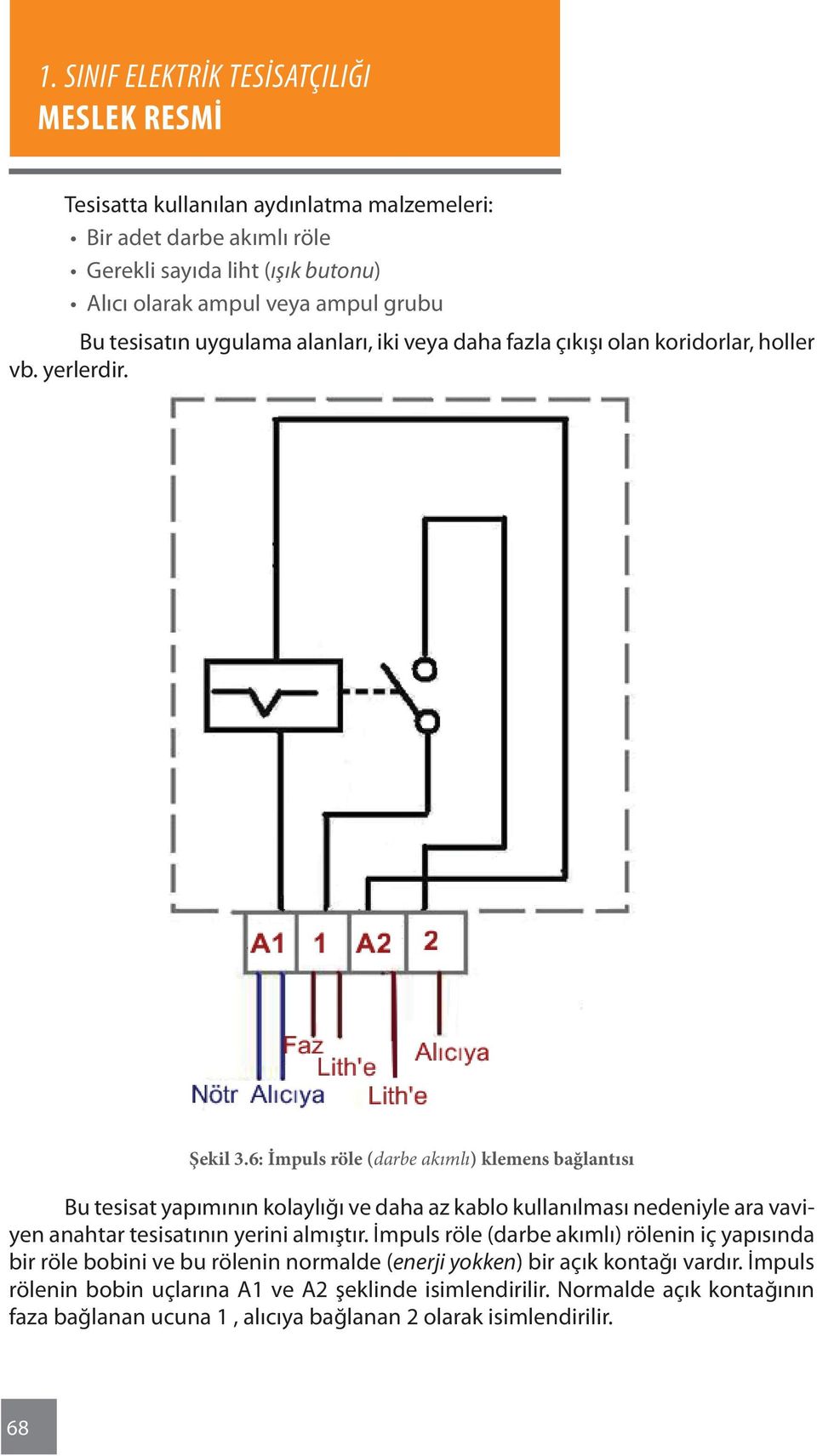 6: İmpuls röle (darbe akımlı) klemens bağlantısı Bu tesisat yapımının kolaylığı ve daha az kablo kullanılması nedeniyle ara vaviyen anahtar tesisatının yerini almıştır.