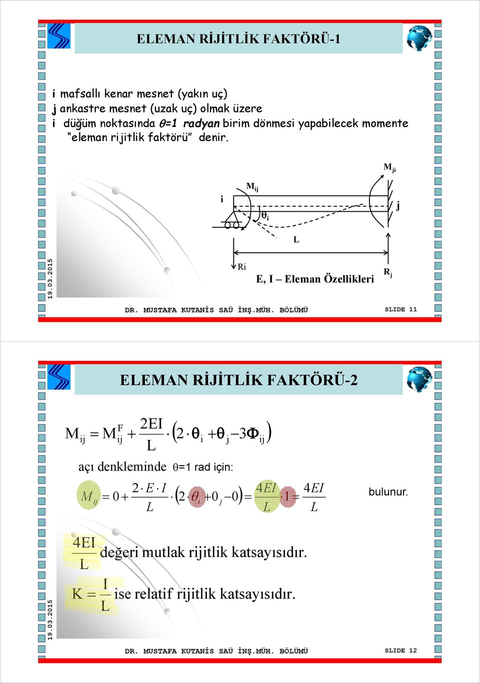 BÖÜMÜ SIDE 11 EEMAN RİJİTİK FAKTÖRÜ-2 M 2EI ( 2 θ + θ Φ ) F ij = Mij + i j 3 açı denkleminde θ=1 rad için: M ij ( 2 + 0 0) 2 E I 4EI = 0 + θi