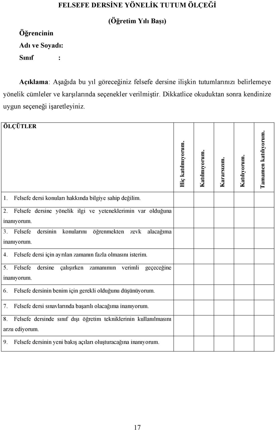 Felsefe dersine yönelik ilgi ve yeteneklerimin var olduğuna inanıyorum. 3. Felsefe dersinin konularını öğrenmekten zevk alacağıma inanıyorum. 4.