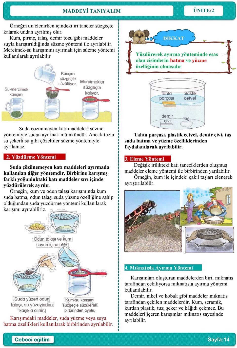 DİKKAT Yüzdürerek ayırma yönteminde esas olan cisimlerin batma ve yüzme özelliğinin olmasıdır Suda çözünmeyen katı maddeleri süzme yöntemiyle sudan ayırmak mümkündür.