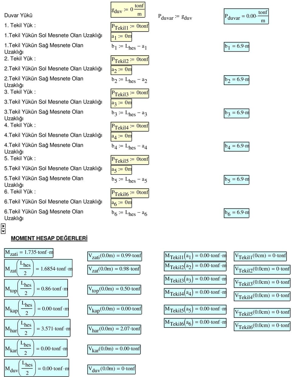 Tekil Yük : P Tekil3 := 0tonf 3.Tekil Yükün Sol Mesnete Olan Uzaklığı a 3 := 0m 3.Tekil Yükün Sağ Mesnete Olan b 3 := a 3 b 3 = 6.9 m Uzaklığı 4. Tekil Yük : P Tekil4 := 0tonf 4.