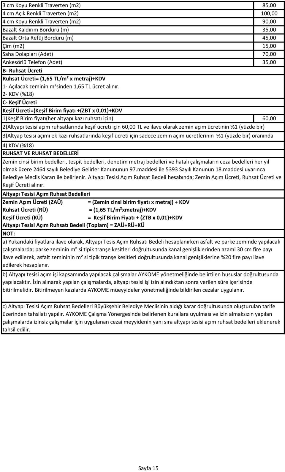2- KDV (%18) C- Keşif Ücreti Keşif Ücreti=(Keşif Birim fiyatı +(ZBT x 0,01)+KDV 1)Keşif Birim fiyatı(her altyapı kazı ruhsatı için) 60,00 2)Altyapı tesisi açım ruhsatlarında keşif ücreti için 60,00
