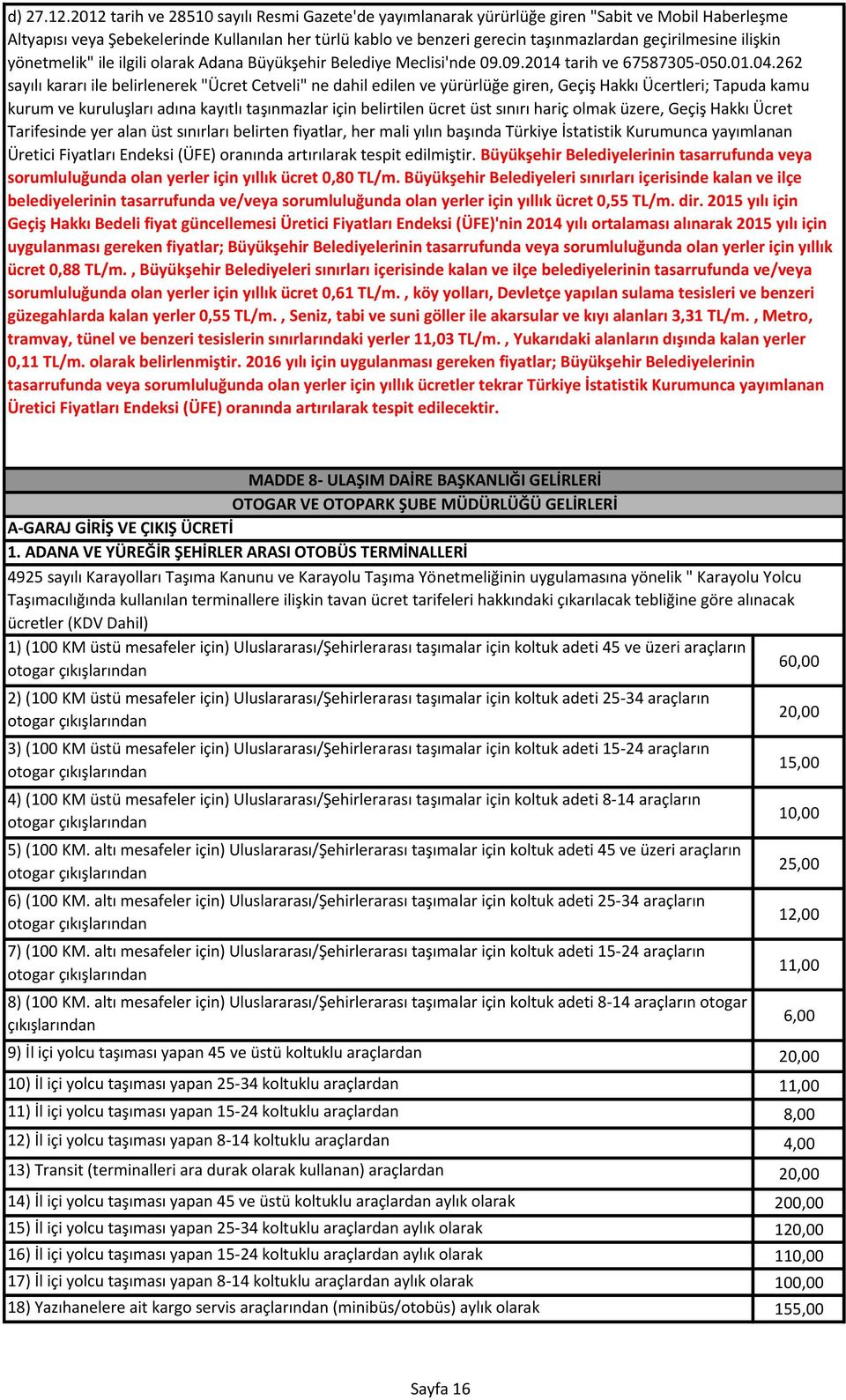 geçirilmesine ilişkin yönetmelik" ile ilgili olarak Adana Büyükşehir Belediye Meclisi'nde 09.09.2014 tarih ve 67587305-050.01.04.