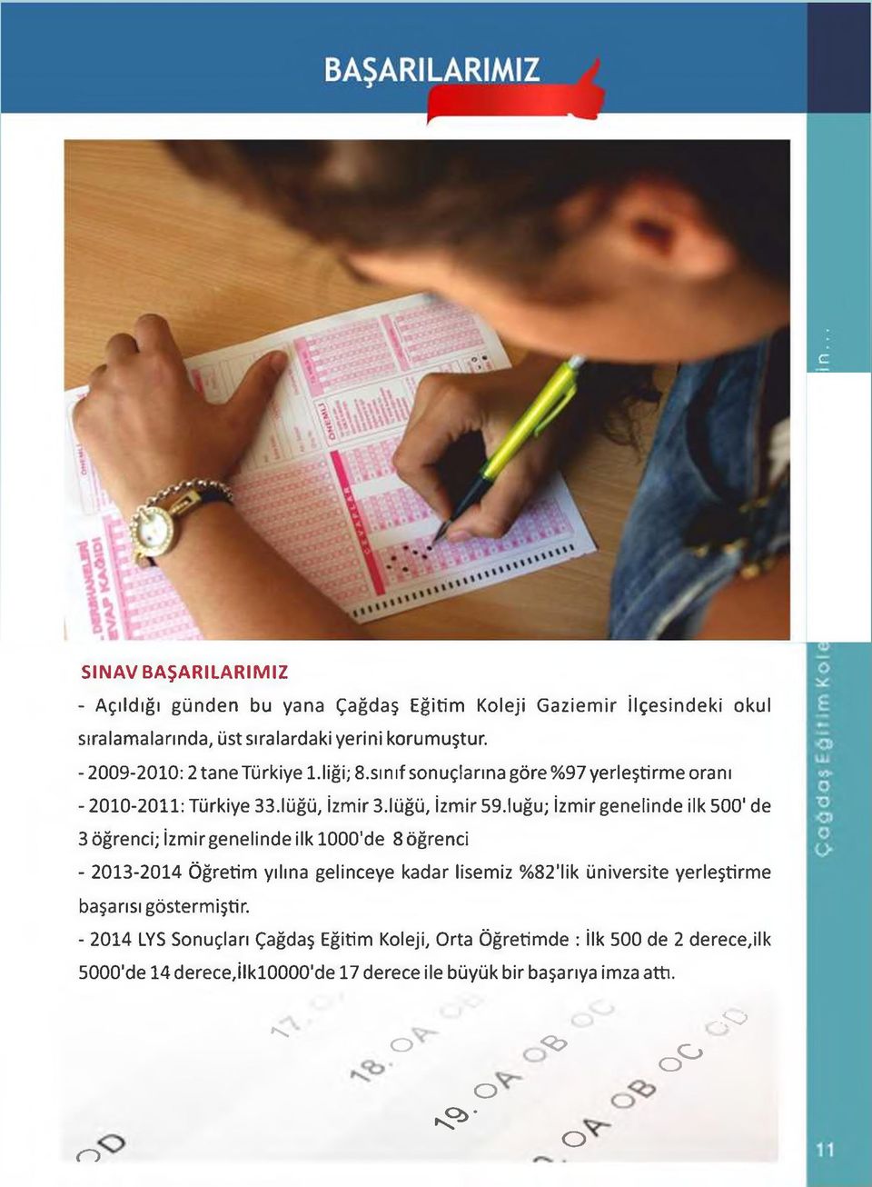 luğu; İzmir genelinde ilk 500' de 3 öğrenci; İzmir genelinde ilk 1000'de 8 öğrenci - 2013-2014 Öğretim yılına gelinceye kadar lisemiz %82'lik üniversite