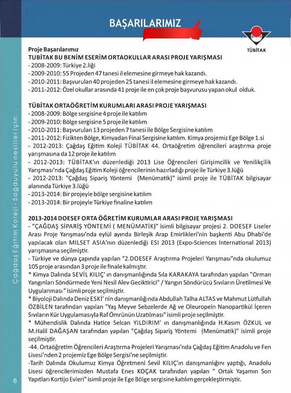 . TÜBİTAK ORTAÖĞRETİM KURUMLARI ARASI PROJE YARIŞMASI - 2008-2009: Bölge sergisine4 proje ile katılım - 2009-2010: Bölge sergisine 5 proje ile katılım - 2010-2011: Başvurulan 13 projeden 7 tanesi ile