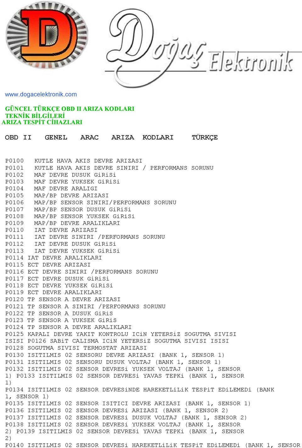 PERFORMANS SORUNU P0102 MAF DEVRE DUSUK GiRiSi P0103 MAF DEVRE YUKSEK GiRiSi P0104 MAF DEVRE ARALIGI P0105 MAP/BP DEVRE ARIZASI P0106 MAP/BP SENSOR SINIRI/PERFORMANS SORUNU P0107 MAP/BP SENSOR DUSUK