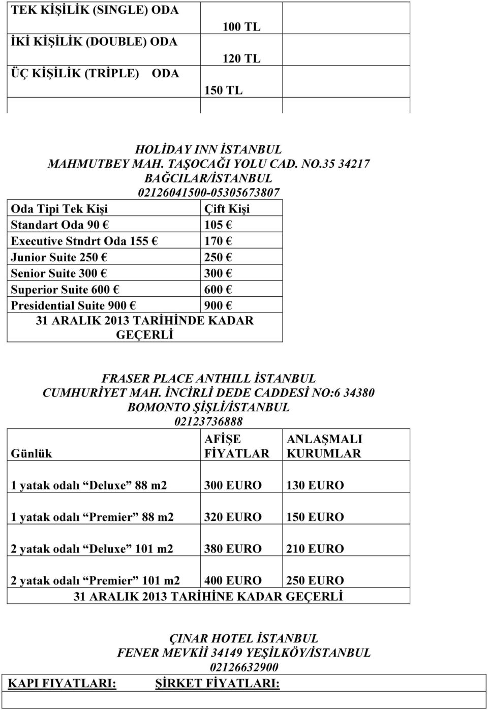 Presidential Suite 900 900 31 ARALIK 2013 TARİHİNDE KADAR GEÇERLİ Günlük FRASER PLACE ANTHILL İSTANBUL CUMHURİYET MAH.