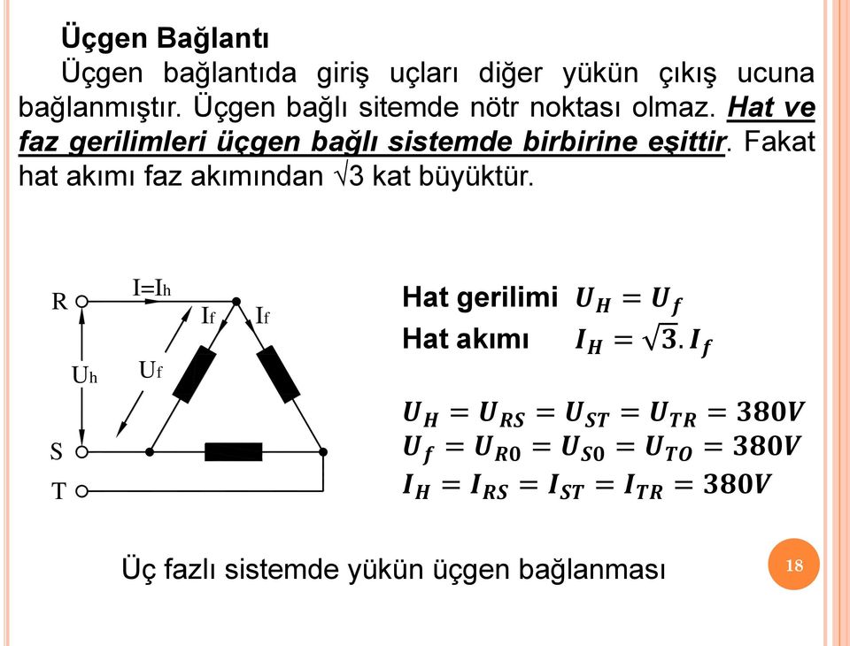 Fakat hat akımı faz akımından 3 kat büyüktür. R S T Uh I=Ih Uf If If Hat gerilimi U H = U f Hat akımı I H = 3.