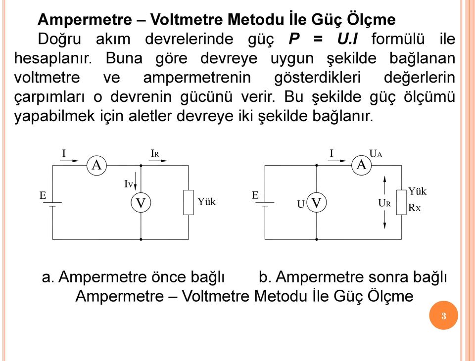 devrenin gücünü verir. Bu şekilde güç ölçümü yapabilmek için aletler devreye iki şekilde bağlanır.