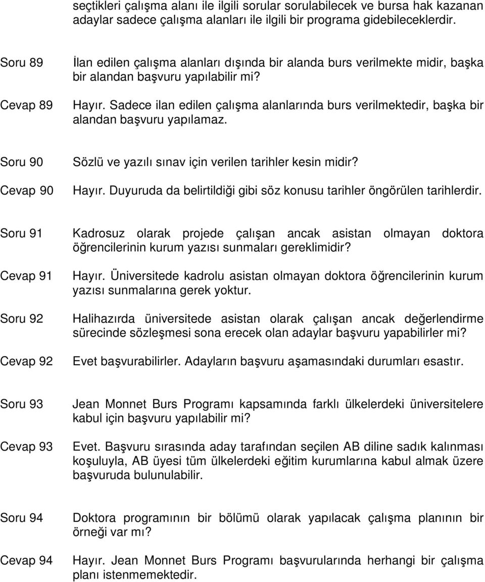 Sadece ilan edilen çalışma alanlarında burs verilmektedir, başka bir alandan başvuru yapılamaz. Soru 90 Cevap 90 Sözlü ve yazılı sınav için verilen tarihler kesin midir? Hayır.