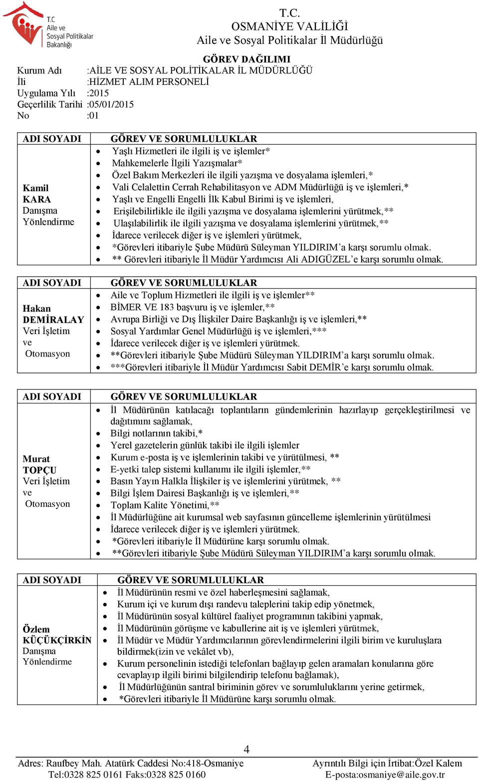 Rehabilitasyon ve ADM Müdürlüğü iş ve işlemleri,* Yaşlı ve Engelli Engelli İlk Kabul Birimi iş ve işlemleri, Erişilebilirlikle ile ilgili yazışma ve dosyalama işlemlerini ** Ulaşılabilirlik ile