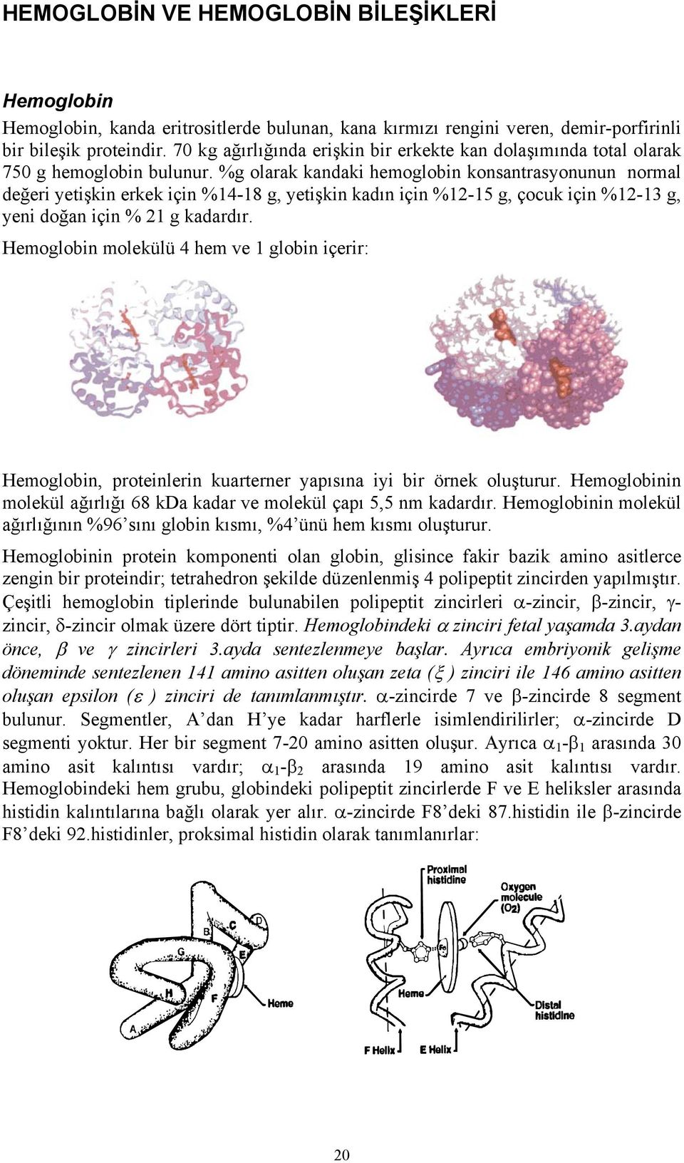 %g olarak kandaki hemoglobin konsantrasyonunun normal değeri yetişkin erkek için %14-18 g, yetişkin kadın için %12-15 g, çocuk için %12-13 g, yeni doğan için % 21 g kadardır.