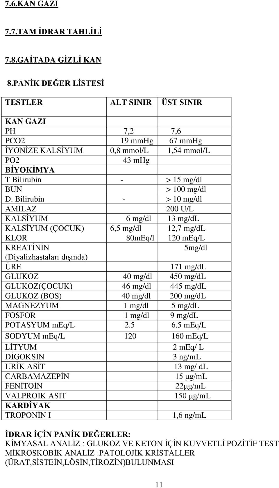 Bilirubin - > 10 mg/dl AMİLAZ 200 U/L KALSİYUM 6 mg/dl 13 mg/dl KALSİYUM (ÇOCUK) 6,5 mg/dl 12,7 mg/dl KLOR 80mEq/l 120 meq/l KREATİNİN 5mg/dl (Diyalizhastaları dışında) ÜRE 171 mg/dl GLUKOZ 40 mg/dl