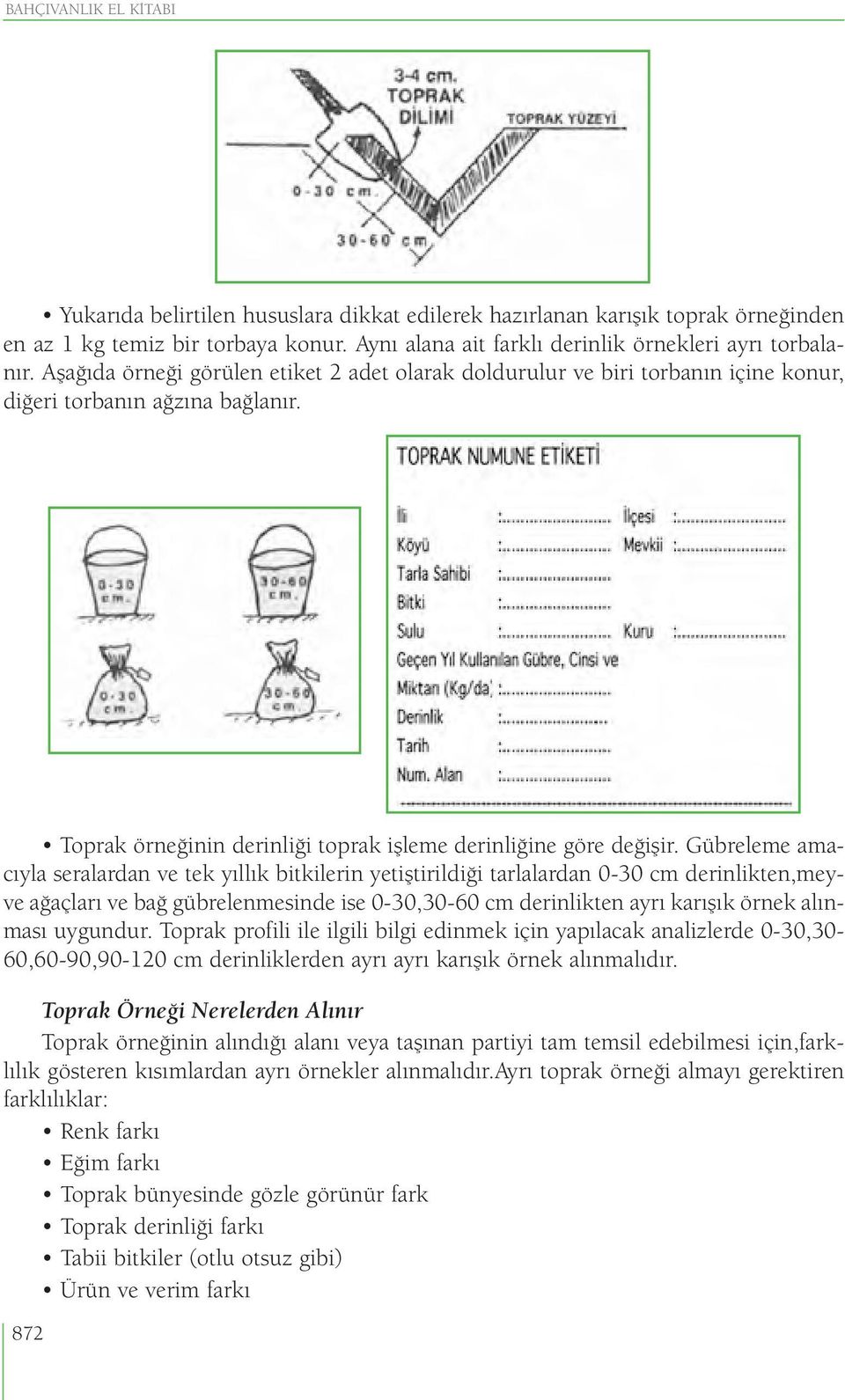 Gübreleme amacıyla seralardan ve tek yıllık bitkilerin yetiştirildiği tarlalardan 0-30 cm derinlikten,meyve ağaçları ve bağ gübrelenmesinde ise 0-30,30-60 cm derinlikten ayrı karışık örnek alınması