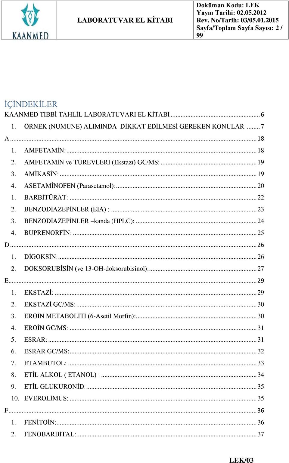 BUPRENORFİN:... 25 D... 26 1. DİGOKSİN:... 26 2. DOKSORUBİSİN (ve 13-OH-doksorubisinol):... 27 E... 29 1. EKSTAZİ:... 29 2. EKSTAZİ GC/MS:... 30 3. EROİN METABOLİTİ (6-Asetil Morfin):... 30 4.