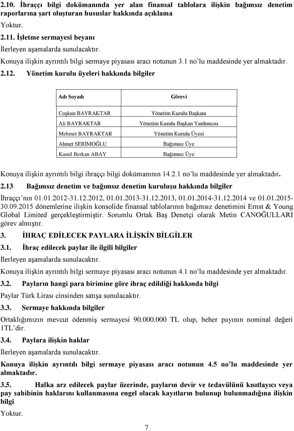 Yönetim kurulu üyeleri hakkında bilgiler Adı Soyadı Görevi Coşkun BAYRAKTAR Ali BAYRAKTAR Mehmet BAYRAKTAR Ahmet SERİMOĞLU Kamil Berkan ABAY Yönetim Kurulu Başkanı Yönetim Kurulu Başkan Yardımcısı