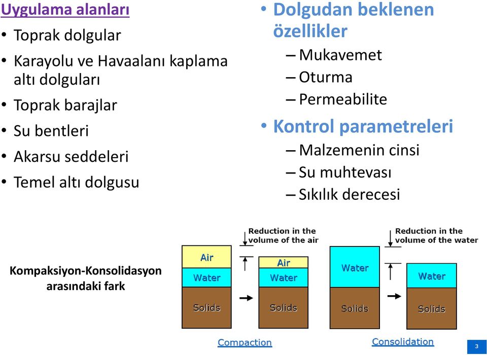 beklenen özellikler Mukavemet Oturma Permeabilite Kontrol parametreleri