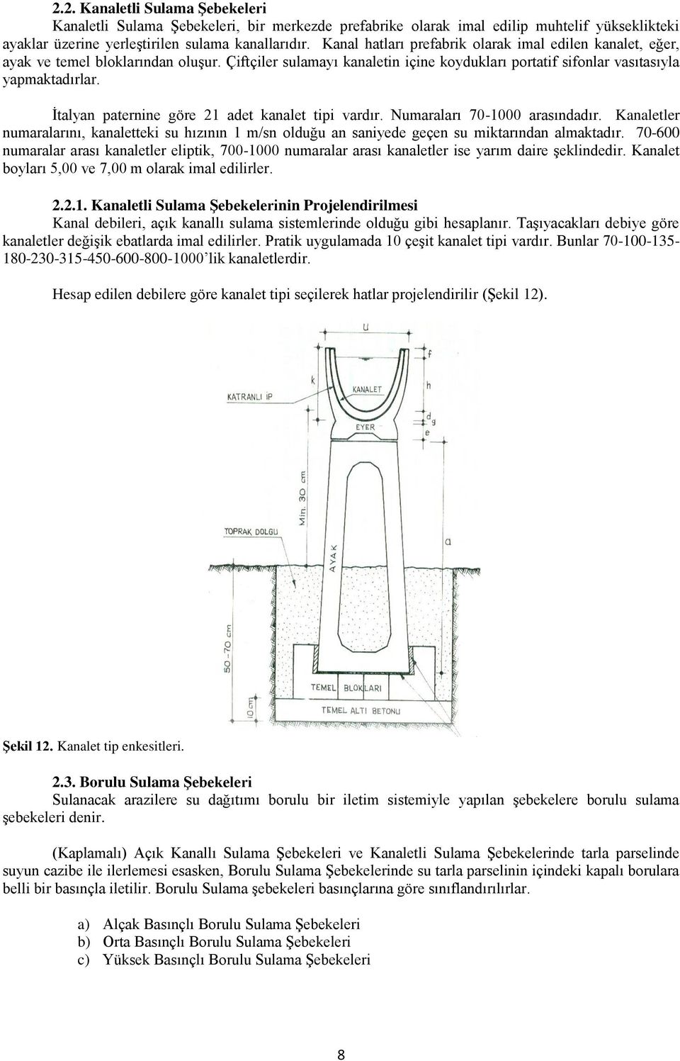 İtalyan paternine göre 21 adet kanalet tipi vardır. Numaraları 70-1000 arasındadır. Kanaletler numaralarını, kanaletteki su hızının 1 m/sn olduğu an saniyede geçen su miktarından almaktadır.