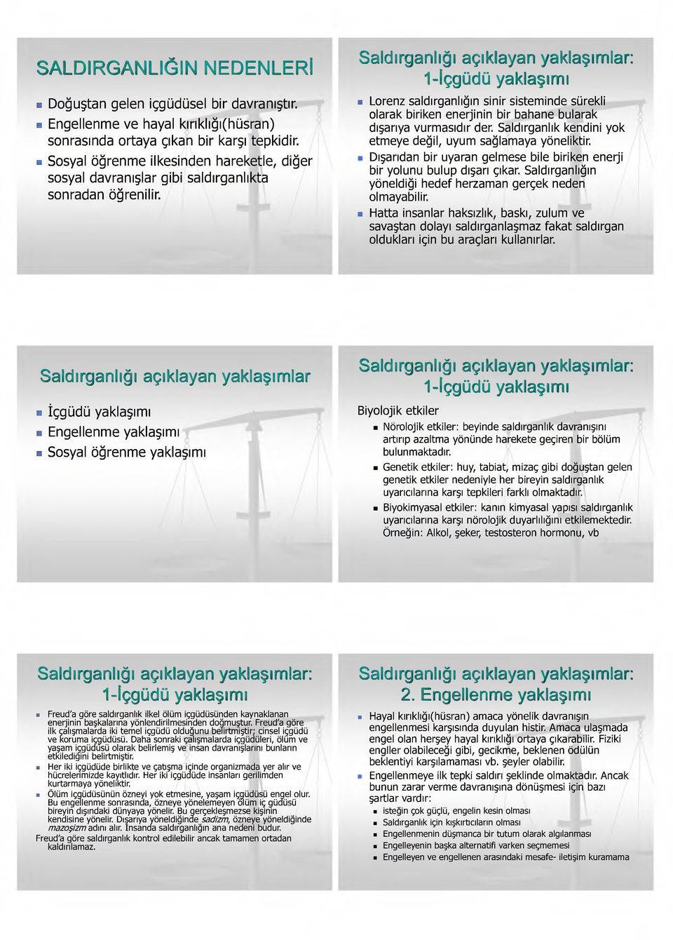 Saldırganlığı açıklayan yaklaşımlar: 1-İçgüdü yaklaşımı Lorenz saldırganlığın sinir sisteminde sürekli olarak biriken enerjinin bir bahane bularak dışarıya vurmasıdır der.