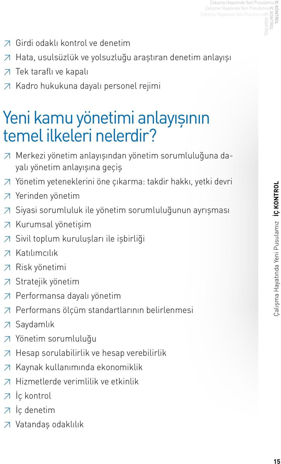 Merkezi yönetim anlayışından yönetim sorumluluğuna dayalı yönetim anlayışına geçiş Yönetim yeteneklerini öne çıkarma: takdir hakkı, yetki devri Yerinden yönetim Siyasi sorumluluk ile yönetim