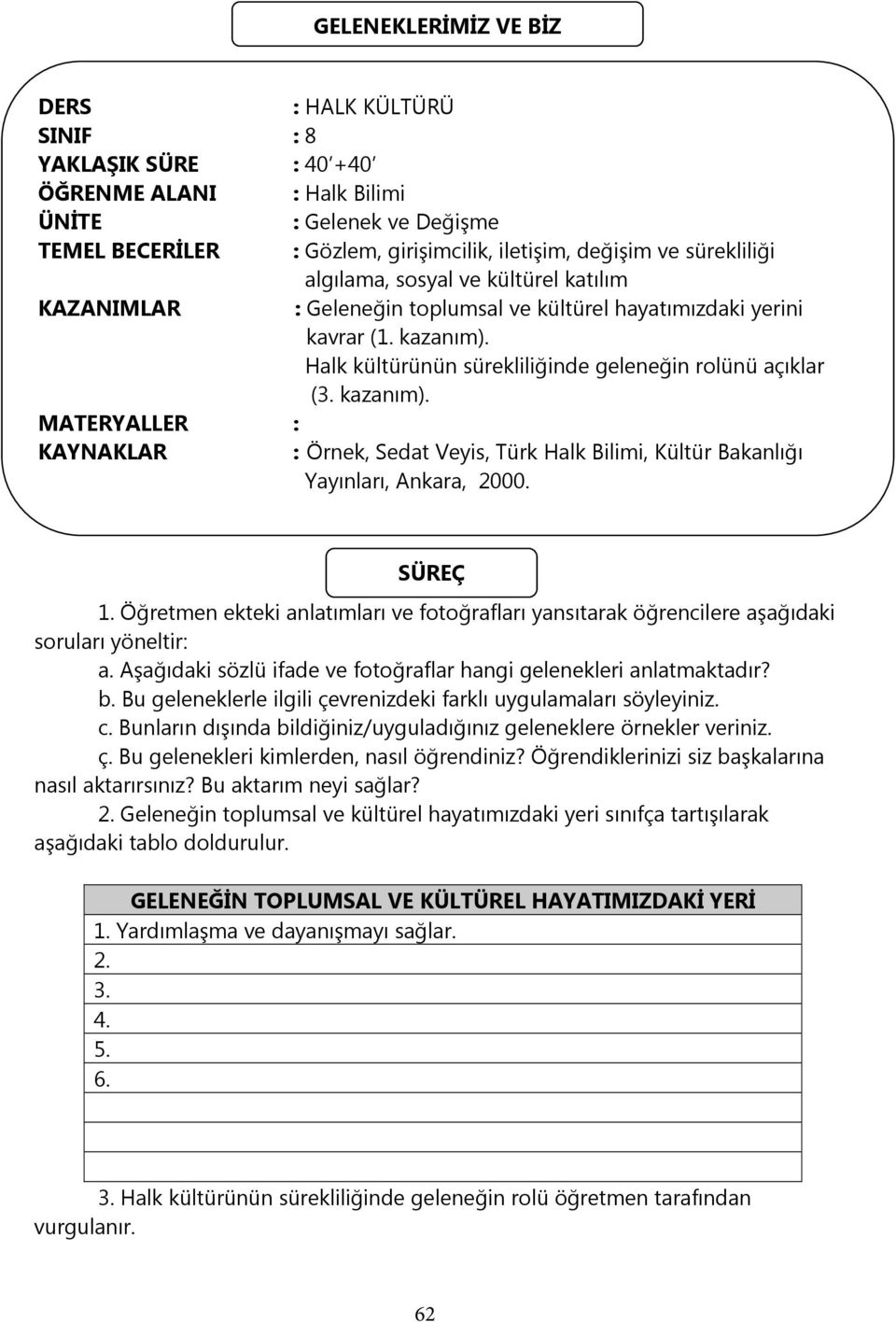 kazanım). MATERYALLER : KAYNAKLAR : Örnek, Sedat Veyis, Türk Halk Bilimi, Kültür Bakanlığı Yayınları, Ankara, 2000. SÜREÇ 1.