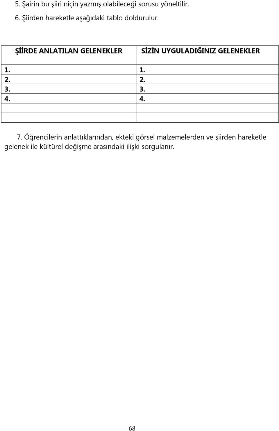 ŞİİRDE ANLATILAN GELENEKLER SİZİN UYGULADIĞINIZ GELENEKLER 1. 1. 2. 2. 3. 3. 4. 4. 7.