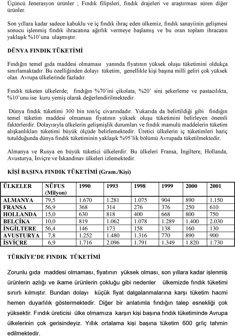 ulaşmıştır. DÜNYA FINDIK TÜKETİMİ Fındığın temel gıda maddesi olmaması yanında fiyatının yüksek oluşu tüketimini oldukça sınırlamaktadır.