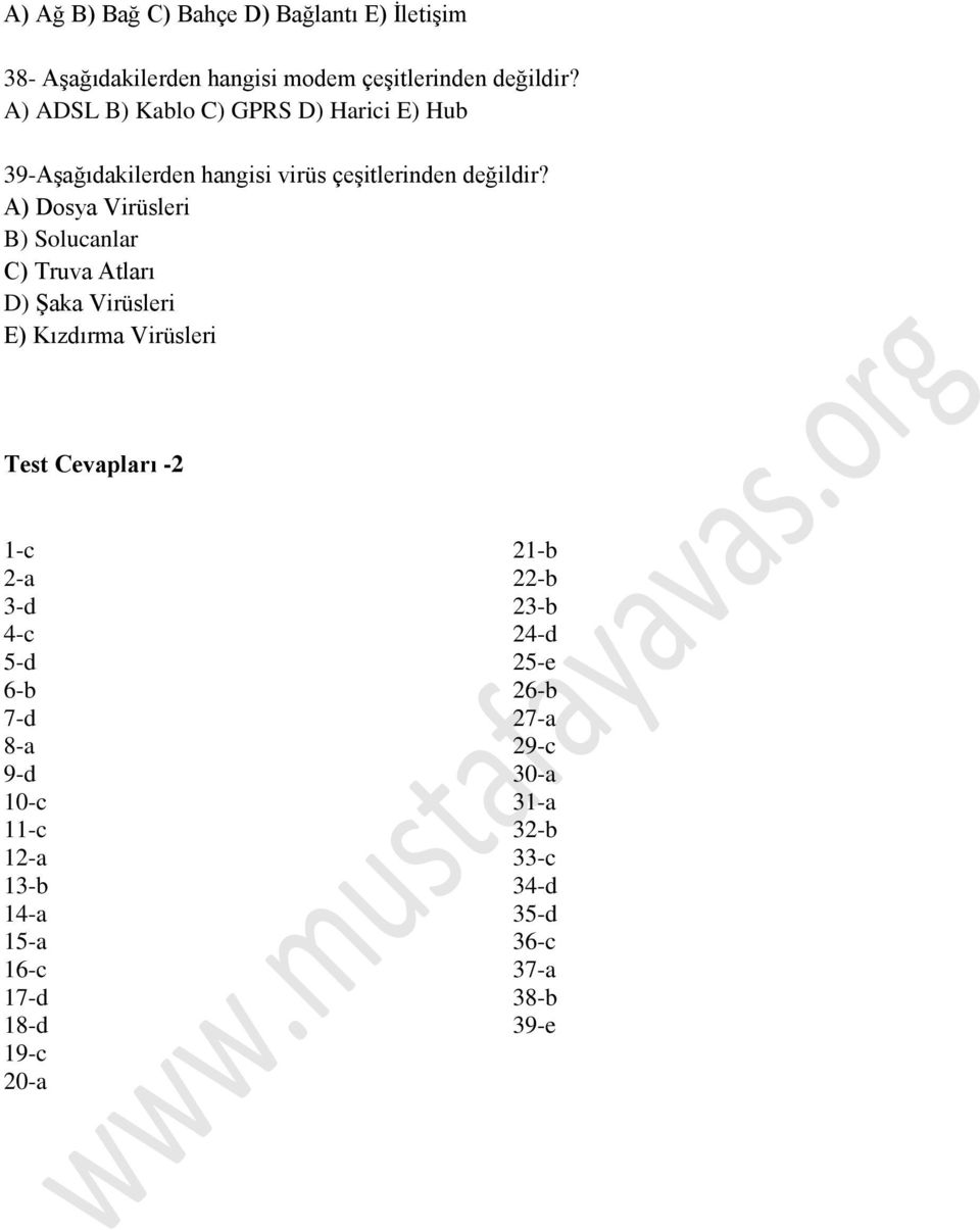 A) Dosya Virüsleri B) Solucanlar C) Truva Atları D) Şaka Virüsleri E) Kızdırma Virüsleri Test Cevapları -2 1-c 2-a 3-d 4-c