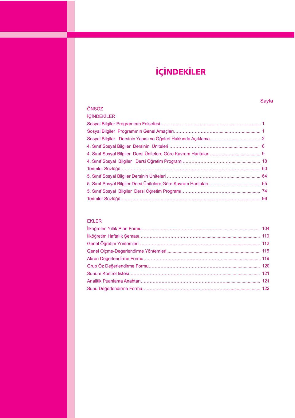 Sýnýf Sosyal Bilgiler Dersinin Üniteleri... 64 5. Sýnýf Sosyal Bilgiler Dersi Ünitelere Göre Kavram Haritalarý... 65 5. Sýnýf Sosyal Bilgiler Dersi Öðretim Programý... 74 Terimler Sözlüðü.