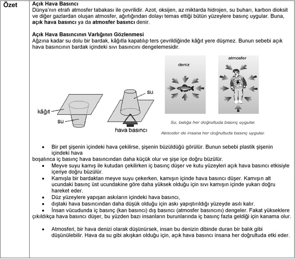 Buna, açık hava basıncı ya da atmosfer basıncı denir. Açık Hava Basıncının Varlığının Gözlenmesi Ağzına kadar su dolu bir bardak, kâğıtla kapatılıp ters çevrildiğinde kâğıt yere düşmez.