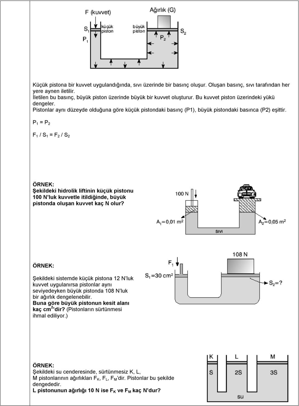 P 1 = P 2 F 1 / S 1 = F 2 / S 2 Şekildeki hidrolik liftinin küçük pistonu 100 N luk kuvvetle itildiğinde, büyük pistonda oluşan kuvvet kaç N olur?