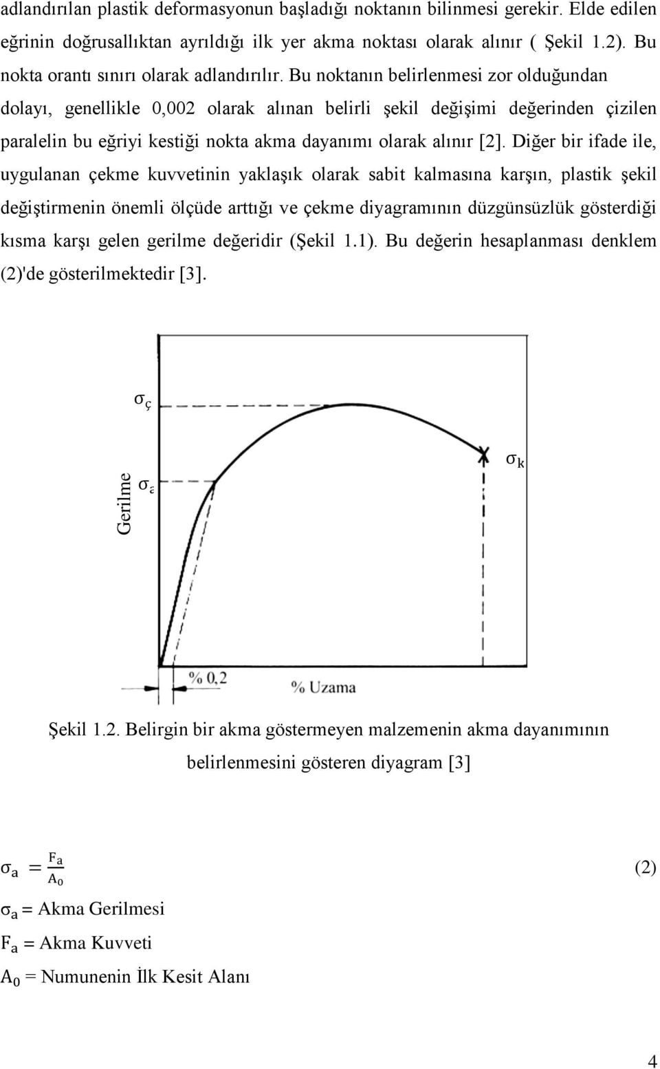 Bu noktanın belirlenmesi zor olduğundan dolayı, genellikle 0,002 olarak alınan belirli şekil değişimi değerinden çizilen paralelin bu eğriyi kestiği nokta akma dayanımı olarak alınır [2].