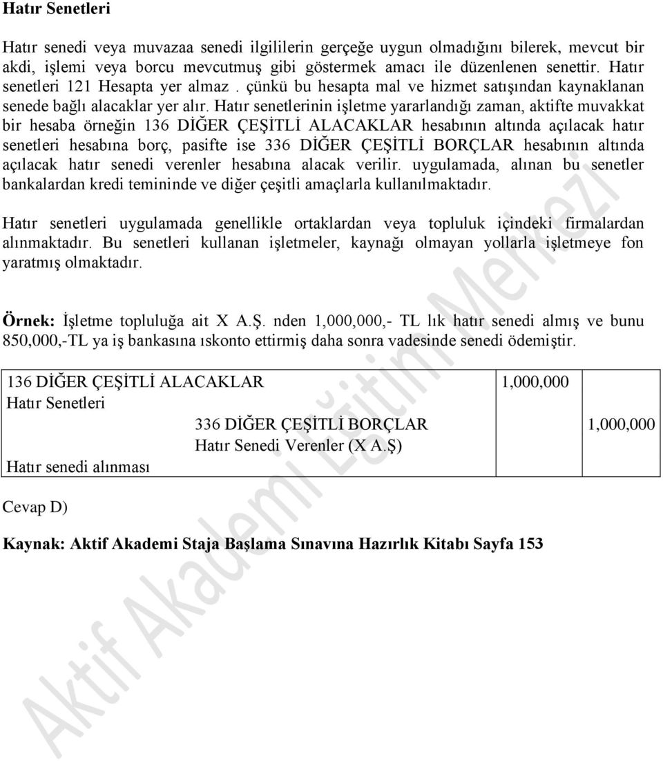 Hatır senetlerinin işletme yararlandığı zaman, aktifte muvakkat bir hesaba örneğin 136 DİĞER ÇEŞİTLİ ALACAKLAR hesabının altında açılacak hatır senetleri hesabına borç, pasifte ise 336 DİĞER ÇEŞİTLİ